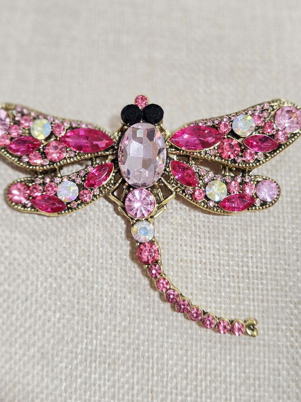 Pink Crystal Dragonfly Brooch - Gold Tone